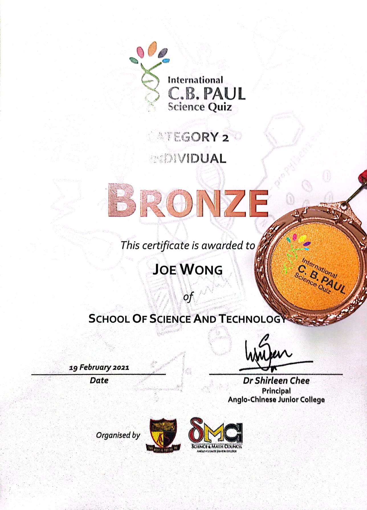 My CB Pauls Science Quiz Cert for 2021